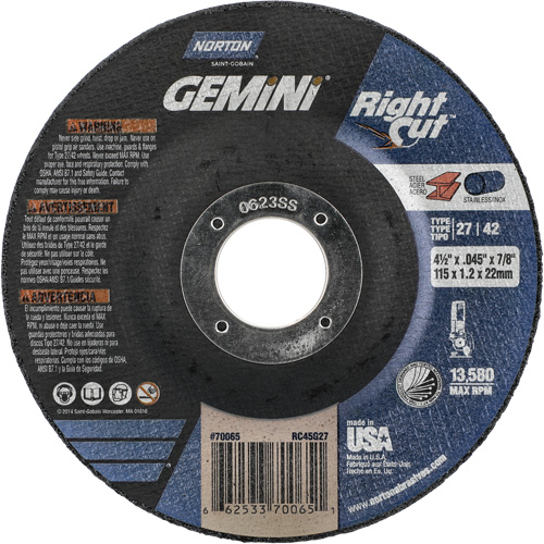 Gemini RightCut Right Angle Cut-Off Wheel, 4-1/2" x 0.045", 7/8" Arbor, Type 27/42, Aluminum Oxide, 13580 RPM Ottawa Fastener Supply
