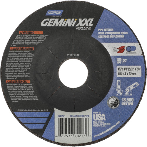Gemini XXL Grinding & Cutting Wheel, 4-1/2" x 1/8", 7/8" Arbor, Type 27, Aluminum Oxide Ottawa Fastener Supply
