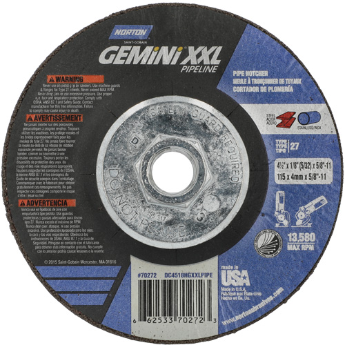 Gemini XXL Grinding & Cutting Wheel, 4-1/2" x 1/8", 5/8"-11 Arbor, Type 27, Aluminum Oxide Ottawa Fastener Supply