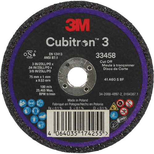 Cubitron 3 Cut-Off Wheel, 3" x 0.039", 3/8" Arbor, Ceramic Ottawa Fastener Supply