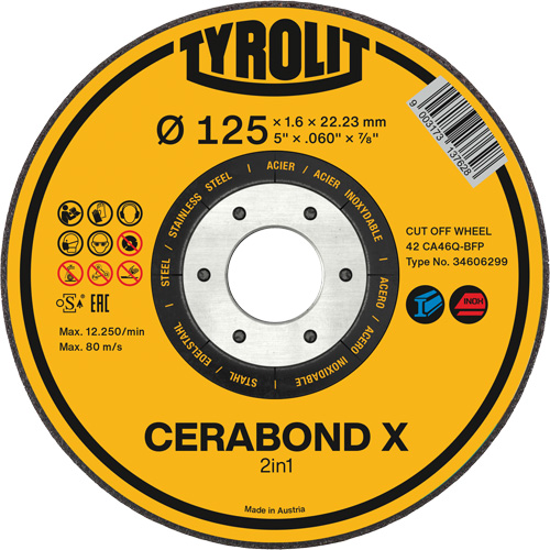 CERABOND X Cut-Off Wheel for Steel & Stainless Steel, 5" x 0.45", 7/8" Arbor, Type 1, Ceramic, 12250 RPM Ottawa Fastener Supply