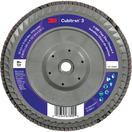 Cubitron 3 Flat Flap Disc with Quick Change 1169F, 6" x 5/8"-11, Type T27, 80+ Grit, Ceramic Ottawa Fastener Supply