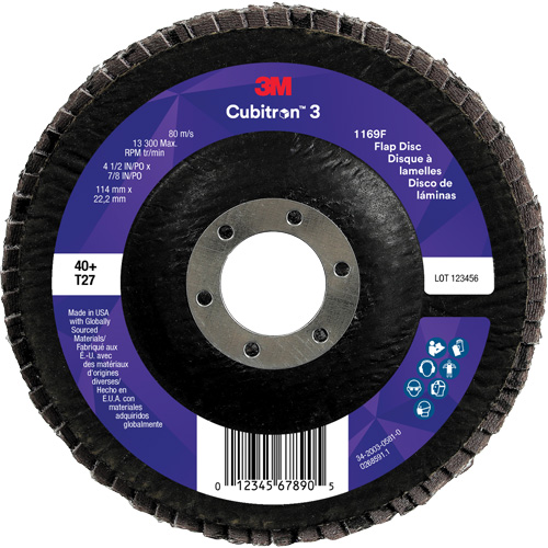 Cubitron 3 Flat Flap Disc 1169F, 4-1/2" x 7/8", Type T27, 40+ Grit, Ceramic Ottawa Fastener Supply