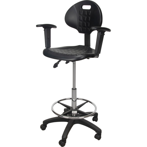 Heavy-Duty Ergonomic Stool with Adjustable Arm Rests & Nylon Stem Casters, Mobile, Adjustable, 39" - 48", Polyurethane Seat, Black Ottawa Fastener Supply
