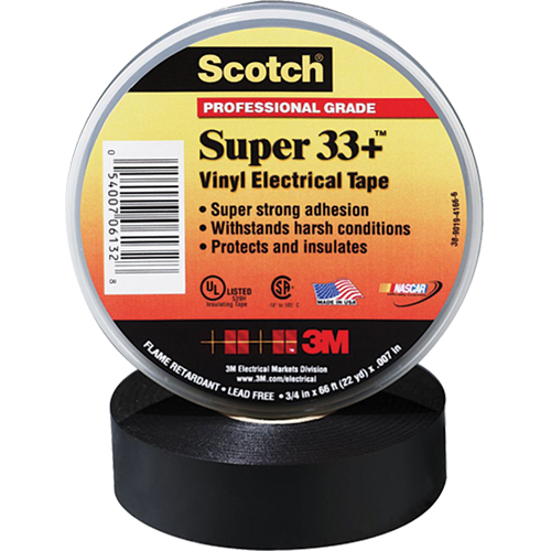 Rubans Super 33+ Scotch, 19 mm (3/4") x 20,1 m (66'), Noir, 7 mils Ottawa Fastener Supply