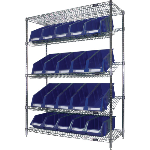 Slanted Wire Shelf with Bins, 5 Tiers, 48" W x 63" H x 18" D Ottawa Fastener Supply