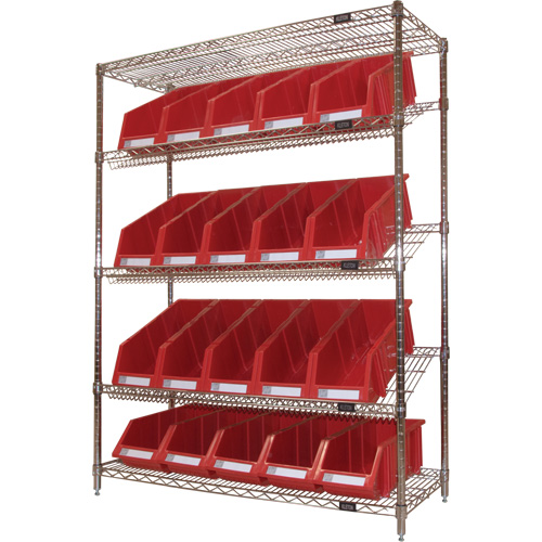 Slanted Wire Shelf with Bins, 5 Tiers, 48" W x 63" H x 18" D Ottawa Fastener Supply