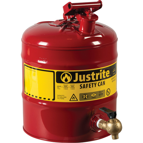 Bidon avec robinet s&eacute;curitaires pour laboratoires, Type I, Acier, 5 gal. US, Rouge, Homologu&eacute; FM Ottawa Fastener Supply