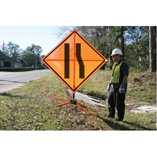 Tilt-Adjust Merge Left Roll-Up Construction Sign, 36" x 36", Vinyl, Pictogram Ottawa Fastener Supply
