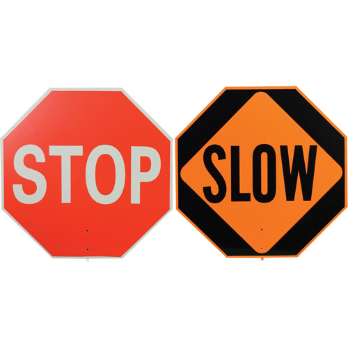 Double-Sided "Stop/Slow" Traffic Control Sign, 18" x 18", Plastic, English with Pictogram Ottawa Fastener Supply
