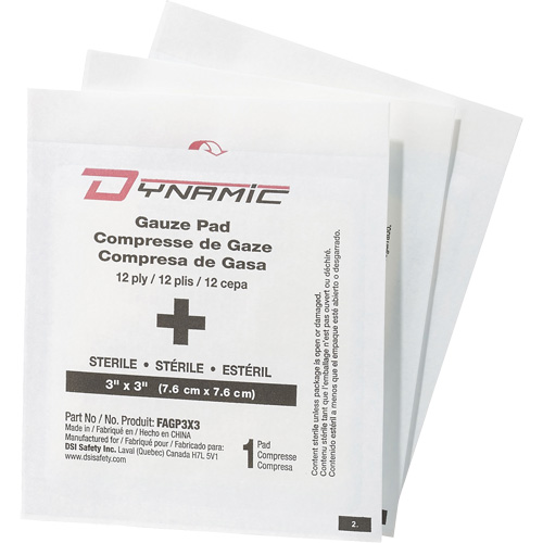 Gaze Dynamic, Tampon, 3" lo x 3" la, St&eacute;rile, Dispositif m&eacute;dical Classe 1 Ottawa Fastener Supply