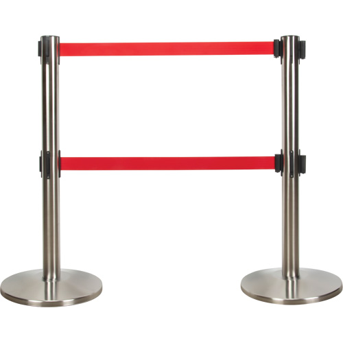 Dual Belt Crowd Control Barrier, Steel, 35" H, Red Tape, 7' Tape Length Ottawa Fastener Supply