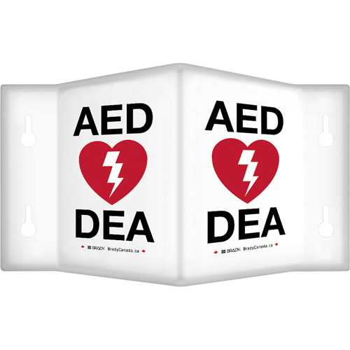 90° Projecting "AED/DEA" Sign, 6" x 5", Plastic, Bilingual with Pictogram Ottawa Fastener Supply