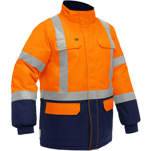 Manteau pour le froid extr&ecirc;me avec bas bleu marin et X au dos Bisley, Polyester, Orange haute visibilit&eacute;, Petit Ottawa Fastener Supply