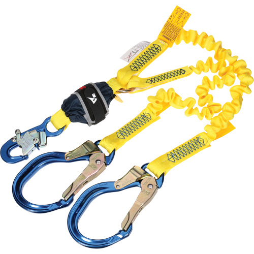 Twin-Leg Stretch Web Shock-Absorbing Lanyard, 6', Rebar Hook Center, Snap Hook Leg Ends Ottawa Fastener Supply