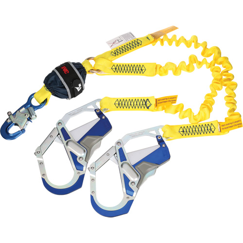 Twin-Leg Stretch Web Shock-Absorbing Lanyard, 6', Rebar Hook Center, Snap Hook Leg Ends Ottawa Fastener Supply
