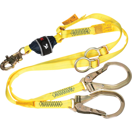 Twin-Leg Tie-Back Web Shock-Absorbing Lanyard, 6', Rebar Hook Center, Snap Hook Leg Ends, Polyester Ottawa Fastener Supply