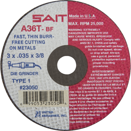 Cut-Off Wheel (A36T), 3" x 0.035", 3/8" Arbor, Type 27, Aluminum Oxide, 25000 RPM Ottawa Fastener Supply