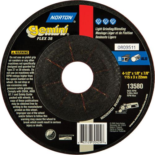 Gemini&reg; Flexible Mini Disc Depressed Centre Wheel, 4-1/2" x 1/8", 7/8" Arbor, Aluminum Oxide, Type 27 Ottawa Fastener Supply