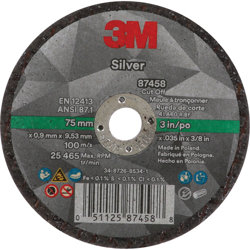 Silver Cut-Off Wheel, 3" x 0.04", 3/8"-24 Arbor, Type 1, Ceramic, 25645 RPM Ottawa Fastener Supply