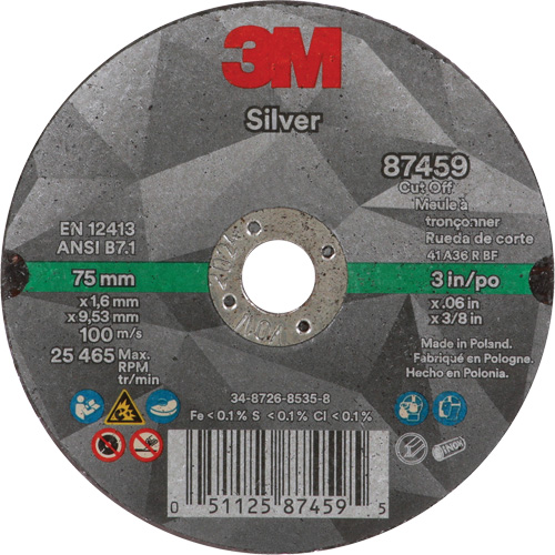 Meule &agrave; tronçonner Silver, 3" x 0,06", Arbre de 3/8"-24, Type 1, C&eacute;ramique, 25645 Tr/min Ottawa Fastener Supply