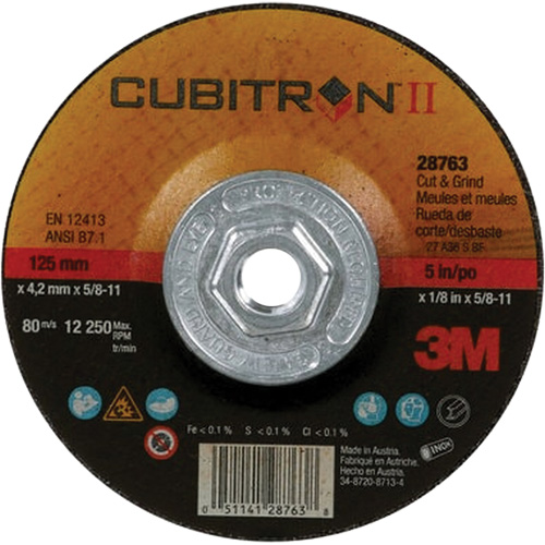 Disque de coupe et de meulage &agrave; changement rapide Cubitron II, 5" x 1/8", Arbre de 5/8"-11, Type 27, C&eacute;ramique Ottawa Fastener Supply