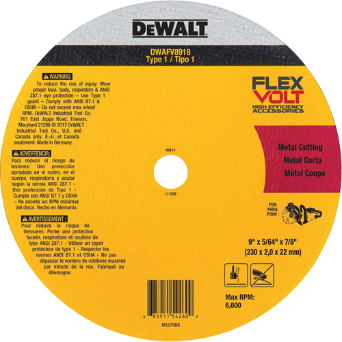 FlexVolt&reg; Metal Cut-Off Wheel, 9-1/16" x 0.078", 22.23 mm Arbor, Ceramic, Type 1 Ottawa Fastener Supply