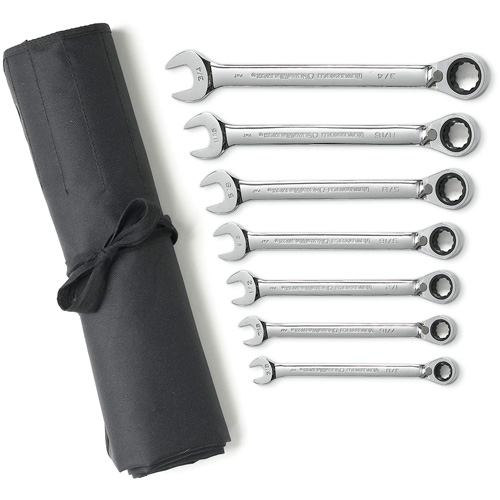 72-Tooth 12 Point Reversible Ratcheting SAE Wrench Set with Tool Roll, Combination, 7 Pieces, Imperial Ottawa Fastener Supply