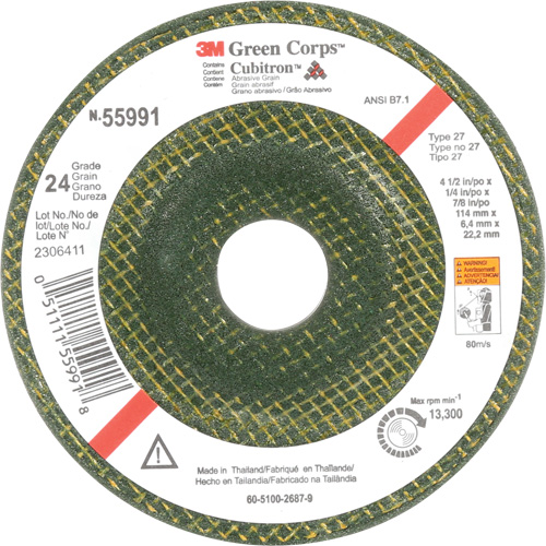 Meule &agrave; moyeu d&eacute;port&eacute; Green Corps, 4-1/2" x 1/4", Arbre 7/8", C&eacute;ramique, Type 27 Ottawa Fastener Supply
