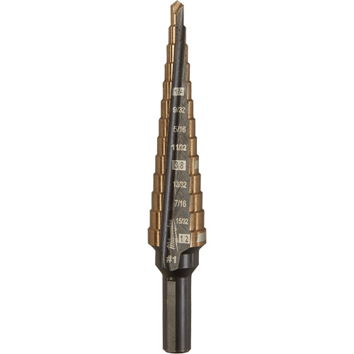 Step Drill Bit, 1/8"/#1 - 1/2"/#1 , 1/32" Increments, High Speed Cobalt Ottawa Fastener Supply
