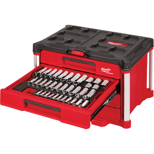 Ensemble de 242 pi&egrave;ces de douilles et cliquets m&eacute;triques et SAE 1/4", 3/8" et 1/2" avec boîte &agrave; outils PACKOUT &agrave; 4 tiroirs, 16-3/10" x 22-1/5" x 14-3/10", Noir/Rouge Ottawa Fastener Supply