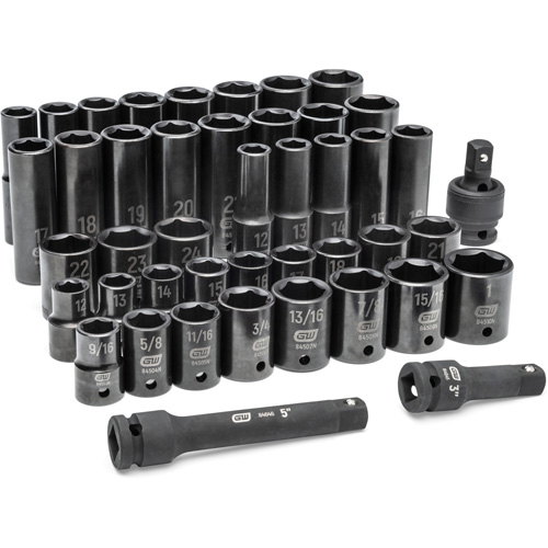 6 Point SAE/Metric Socket Set, 44 Pcs, Impact, 1/2" Drive Size, Deep Ottawa Fastener Supply