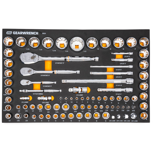 Jeu d'outils SAE/m&eacute;triques pour m&eacute;canicien &agrave; 90 dents 1/4", 3/8" & 1/2" avec plateau de rangement en mousse Ottawa Fastener Supply