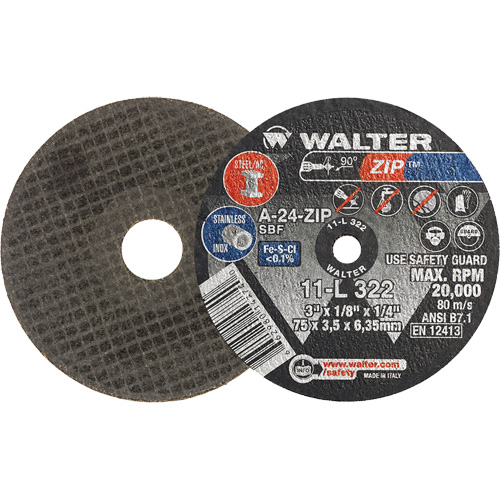 Meule &agrave; tronçonner Zip, 3" x 1/8", Arbre de 1/4", Type 1, Oxyde d'aluminium, 25470 Tr/min Ottawa Fastener Supply
