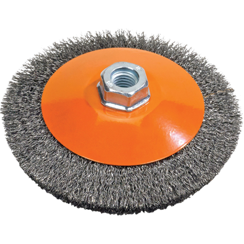 Brosse soucoupe &agrave; fils nou&eacute;s torsad&eacute;s, Dia. 5", Fils 0,02", Arbre 5/8"-11, Acier Ottawa Fastener Supply