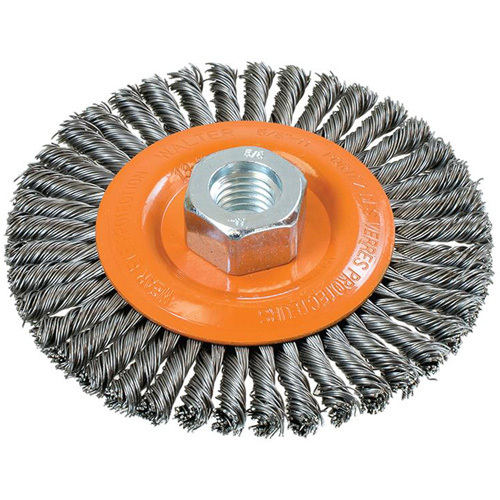 Stringer Bead Knotted Wire Brush, 4-1/2" Dia., 0.02" Fill, 5/8"-11 Arbor, Steel Ottawa Fastener Supply