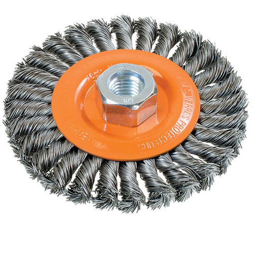 Wide Knotted Wire Wheel Brush, 4-1/2" Dia., 0.02" Fill, 5/8"-11 Arbor, Steel Ottawa Fastener Supply