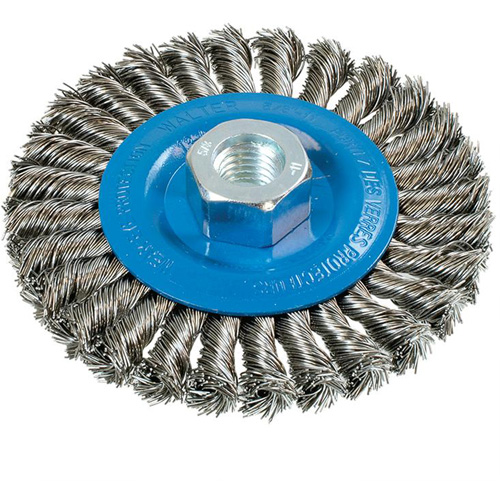 Wide Knotted Wire Wheel Brush, 4-1/2" Dia., 0.02" Fill, 5/8"-11 Arbor, Aluminum/Stainless Steel Ottawa Fastener Supply