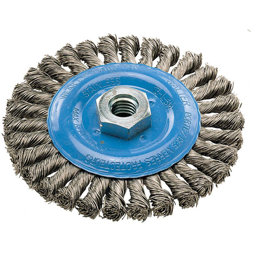 Wide Knotted Wire Wheel Brush, 5" Dia., 0.02" Fill, 5/8"-11 Arbor, Aluminum/Stainless Steel Ottawa Fastener Supply