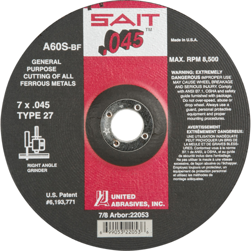 Depressed Center Cut-Off Wheel, 7" x 0.045", 7/8" Arbor, Type 27, Aluminum Oxide, 8500 RPM Ottawa Fastener Supply
