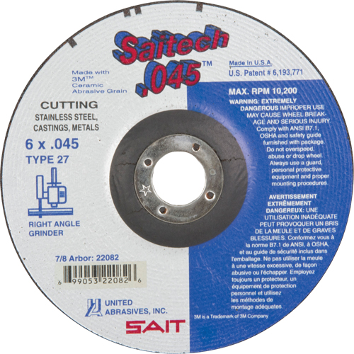 Cut-Off Wheel, 6" x 0.045", 7/8" Arbor, Type 27, Aluminum Oxide/Ceramic, 10200 RPM Ottawa Fastener Supply