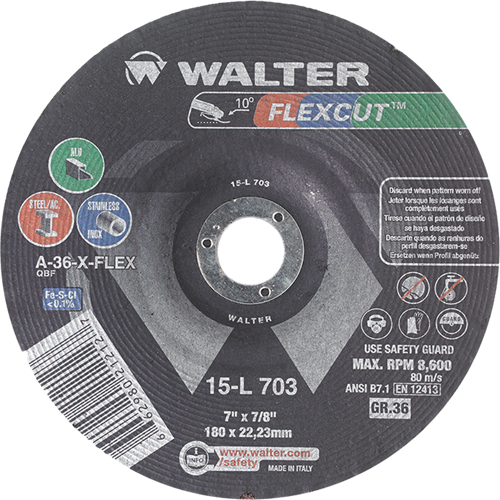 Meules &agrave; moyeu d&eacute;port&eacute; Flexcut, 7", 36 Grain, Oxyde d'aluminium, 7/8", 8600 Tr/min, Type 29 Ottawa Fastener Supply