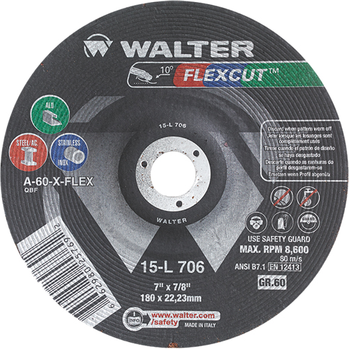 Meules &agrave; moyeu d&eacute;port&eacute; Flexcut, 7", 60 Grain, Oxyde d'aluminium, 7/8", 8600 Tr/min, Type 29 Ottawa Fastener Supply