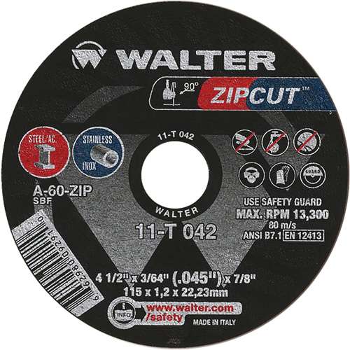 Zipcut Cut-Off Wheel, 4-1/2" x 3/64", 7/8" Arbor, Type 1, Aluminum Oxide, 13300 RPM Ottawa Fastener Supply