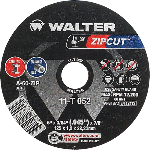 Zipcut Cut-Off Wheel, 5" x 3/64", 7/8" Arbor, Type 1, Aluminum Oxide, 12200 RPM Ottawa Fastener Supply