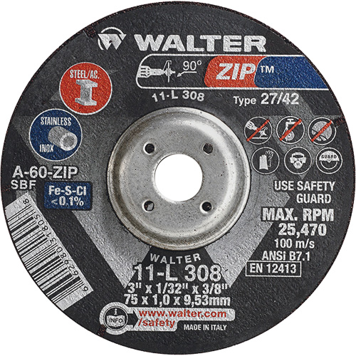 Disque de meulage et de tronçonnage Zip, 3" x 1/13", Arbre de 3/8", Type 27, Grain de 60, Oxyde d'aluminium Ottawa Fastener Supply