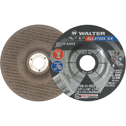 Meules &agrave; moyeu d&eacute;port&eacute; Allsteel XX, 4-1/2" x 1/8", Arbre de 7/8", Type 27, Alumine de zirconium, 13 300 Tr/min Ottawa Fastener Supply