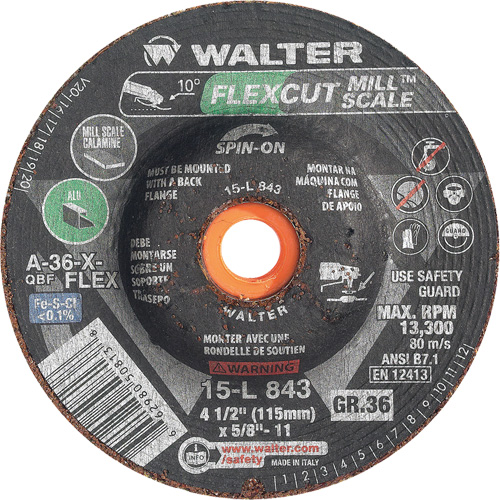 Meule FLEXCUT MILL SCALE, 4-1/2", 36 Grain, Oxyde d'aluminium, 5/8"-11, 13 300 Tr/min, Type 29 Ottawa Fastener Supply