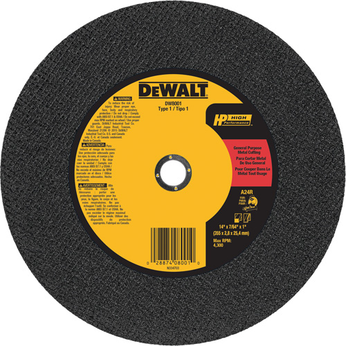 General Purpose Metal Cutting Chop Saw Wheel, 14" x 7/64", 1" Arbor, Type 1, Aluminum Oxide, 4300 RPM Ottawa Fastener Supply
