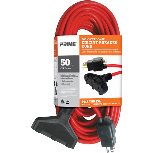 Vinyl Extension Cord, Outdoor, SJTW, 14/3 AWG, 15 A, 3 Outlet(s), 50' Ottawa Fastener Supply